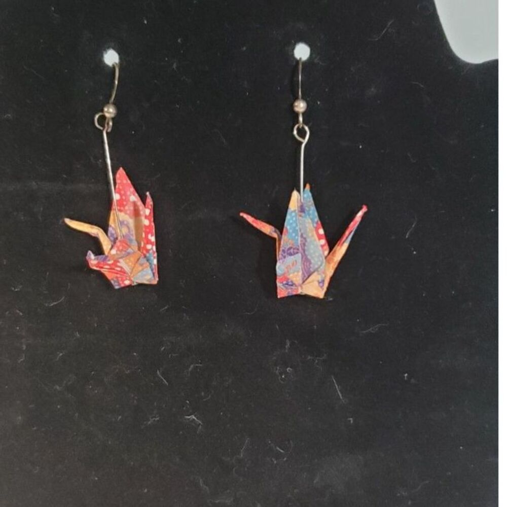 Handmade Origami Paper Crane Hook Earrings Drop Periced